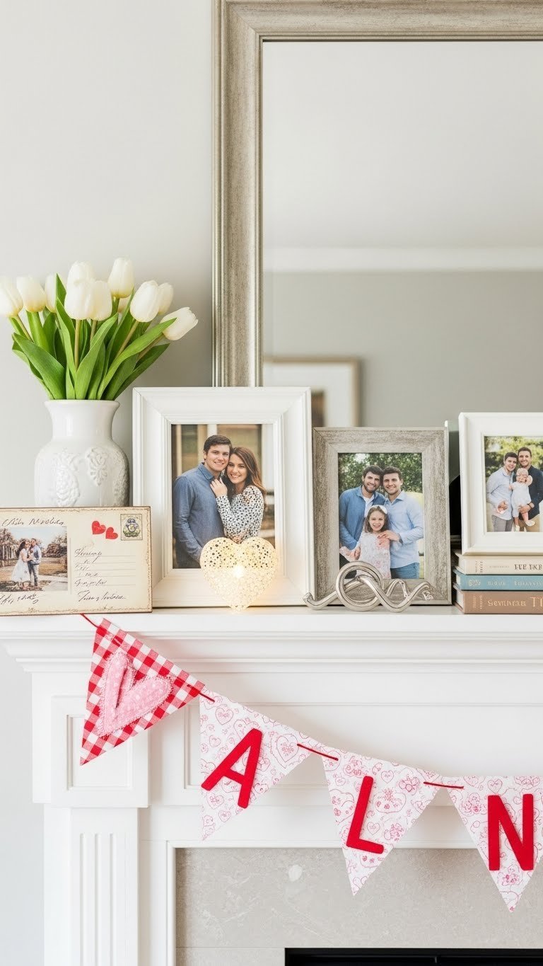 Personalized Valentine mantle displaying framed family photos with heart fairy lights on white mantel.