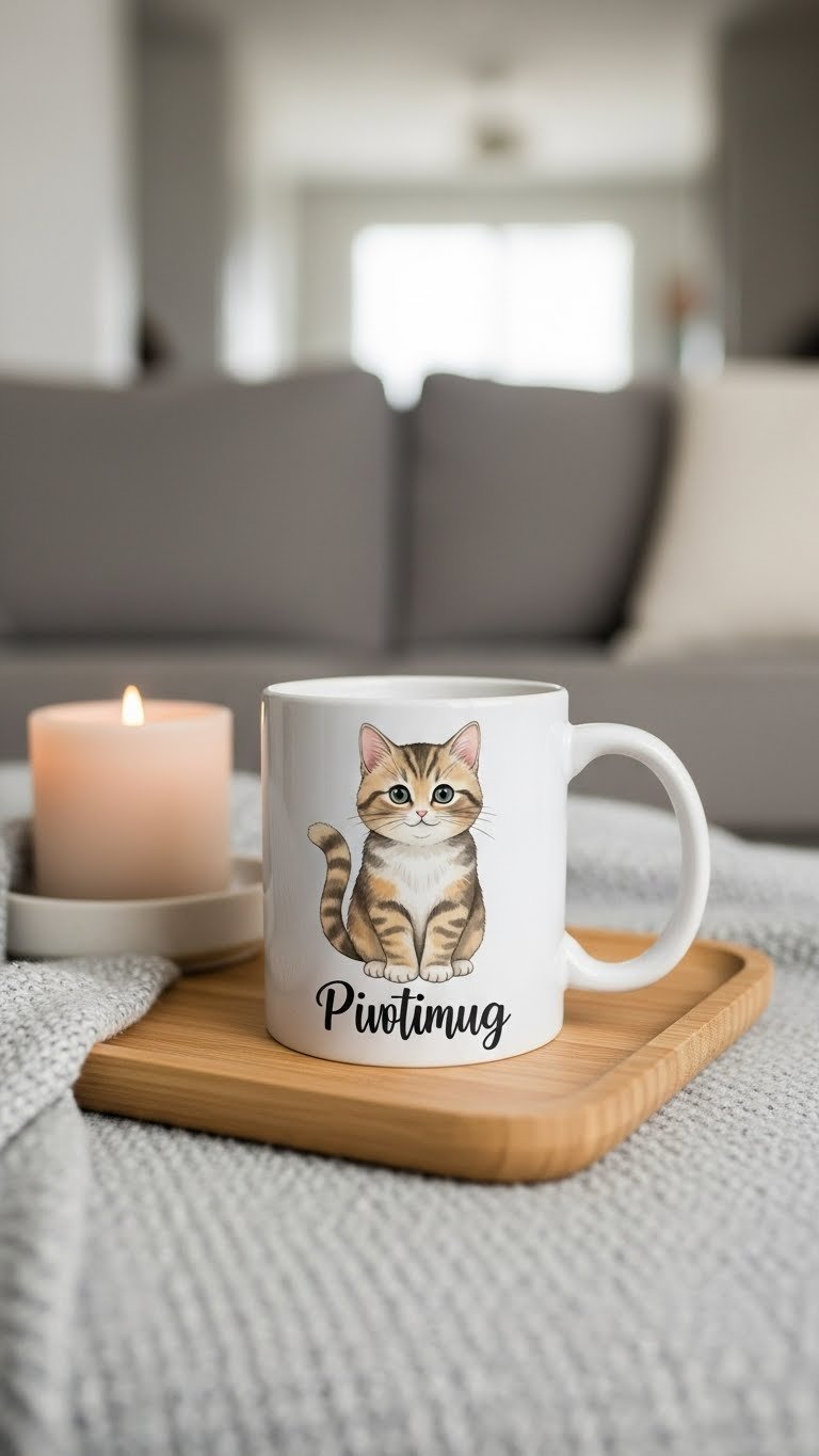 Personalized cat illustration ceramic mug with watercolor-style design on minimalist wooden tray in daylight