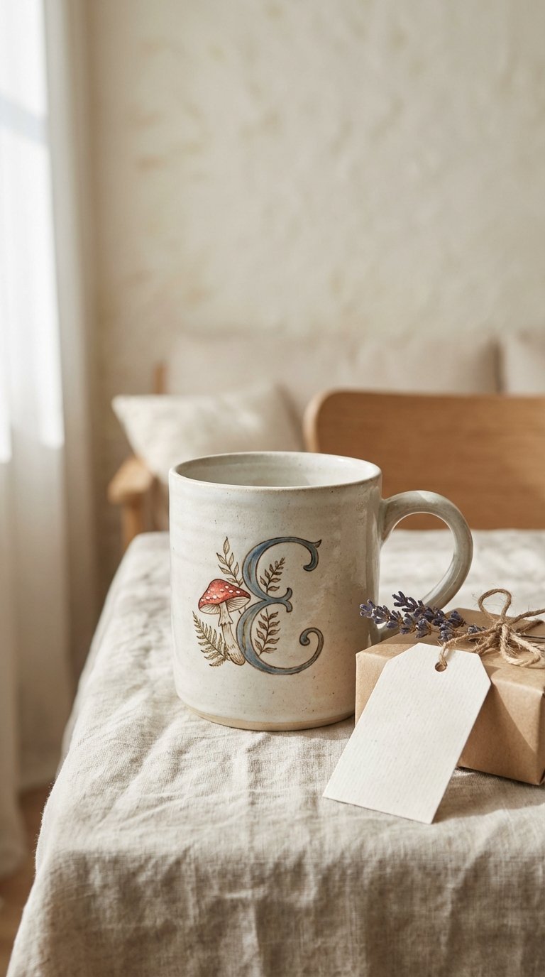 Personalized ceramic mug featuring a stylized initial artfully integrated with a detailed mushroom design as a thoughtful gift.