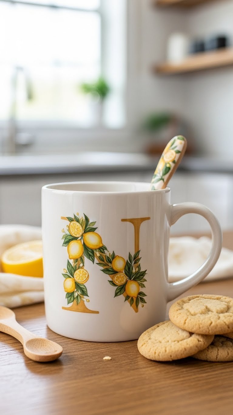 Personalized ceramic mug with elegant initial entwined with delicate lemon fruits and green leaves