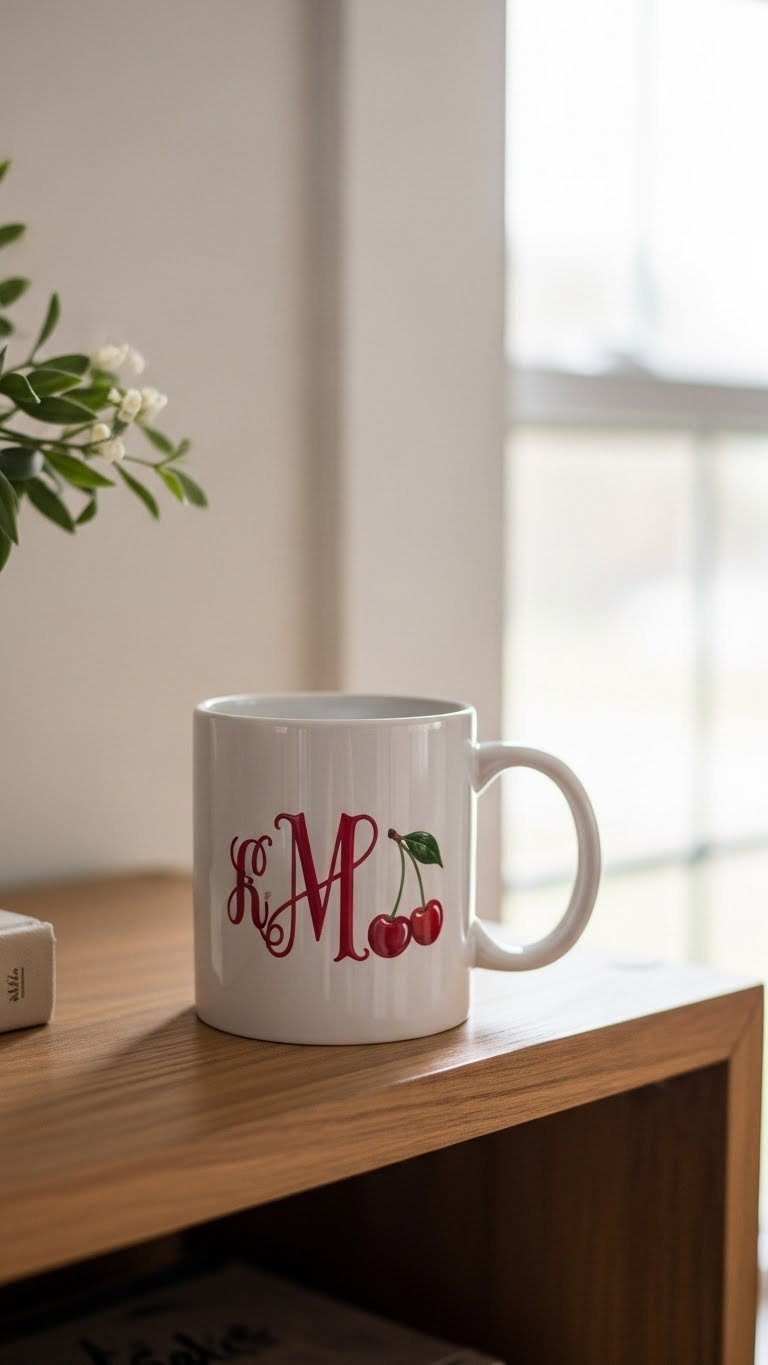 Personalized ceramic mug with elegant monogram initial and cherry accent painted in sophisticated font style