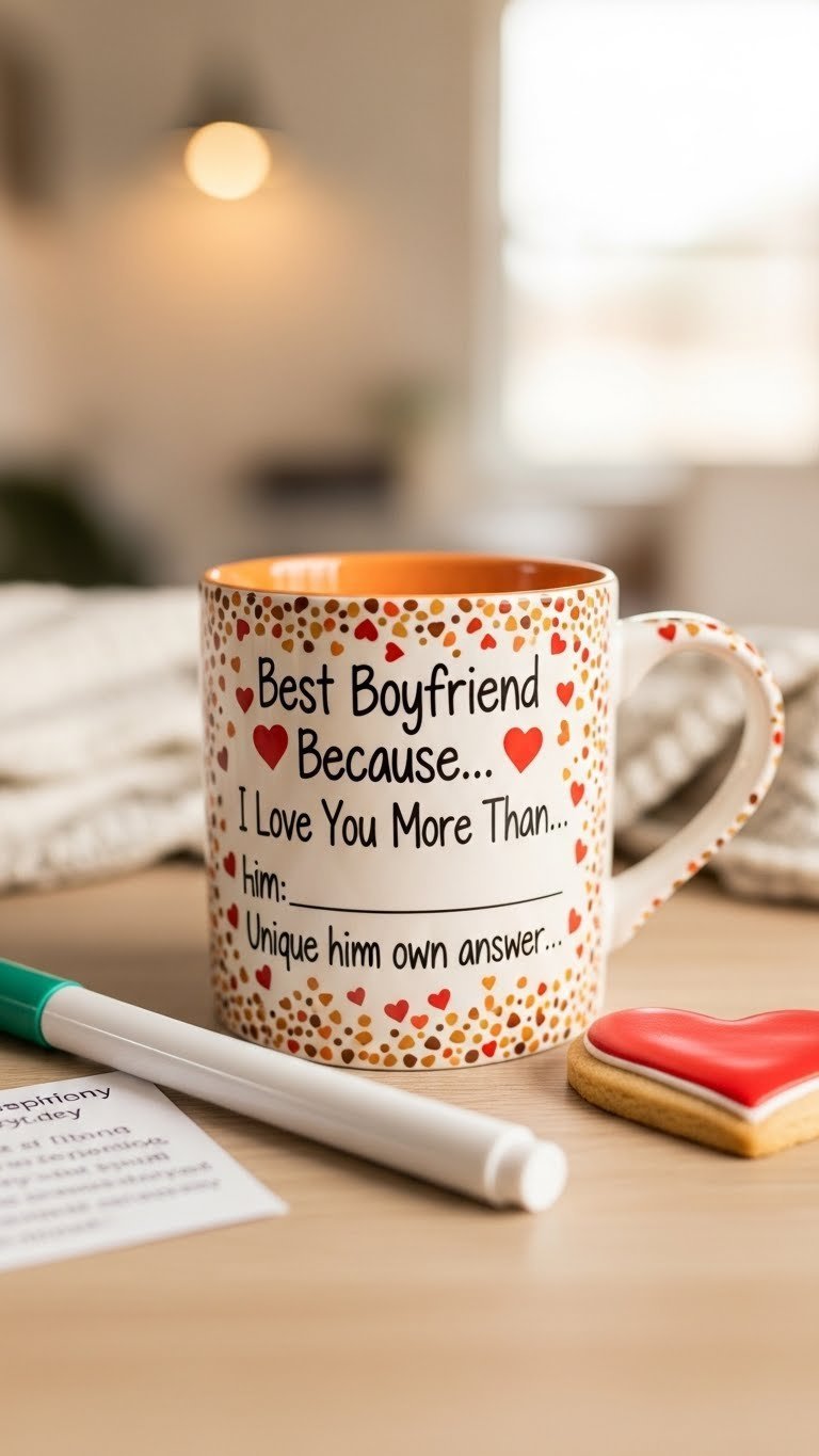 Personalized ceramic mug with fill-in-the-blank message on light wooden table in cozy natural light
