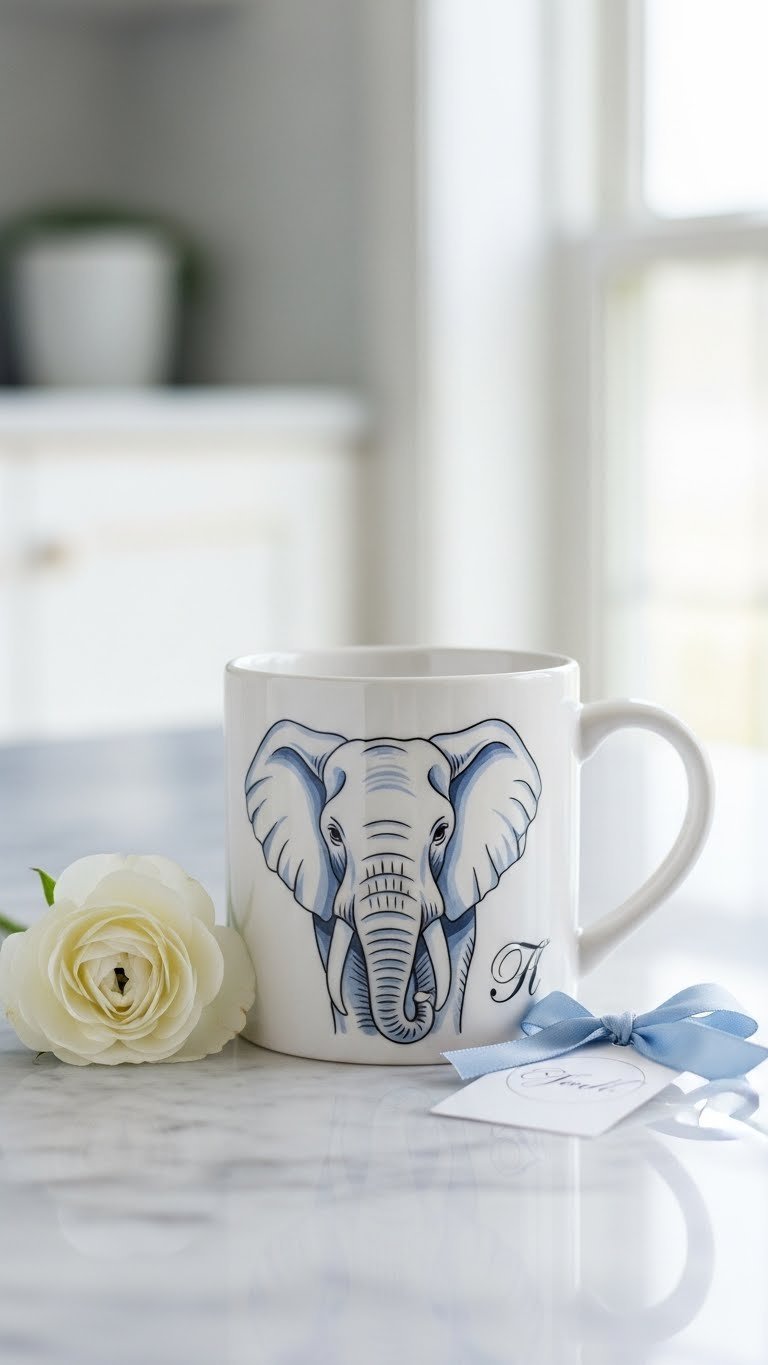 Personalized ceramic mug with hand-painted elephant portrait on marble countertop with bright daylight