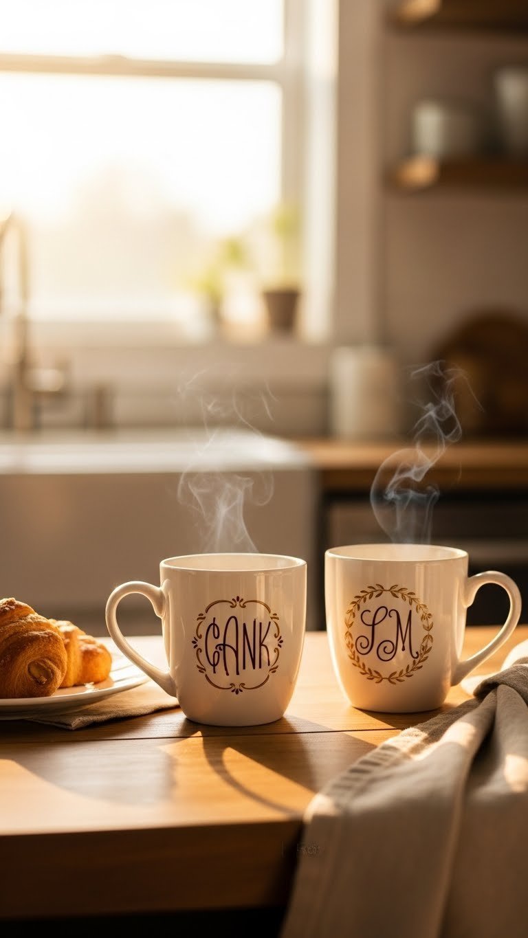 Personalized coffee mugs with elegant monograms on rustic wooden table with warm golden hour lighting and breakfast scene.