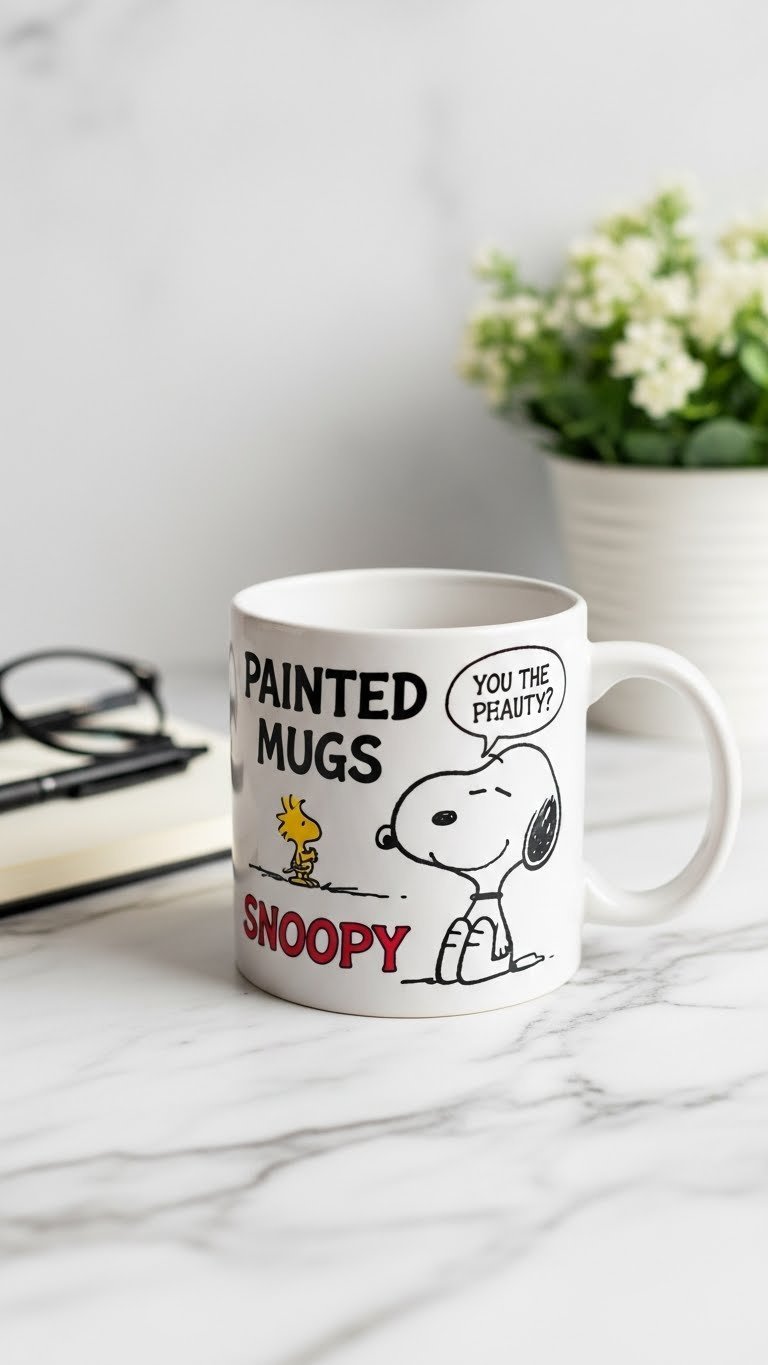 Personalized hand-painted Snoopy ceramic mug with Peanuts quote on marble countertop featuring notebook and reading glasses accessories.