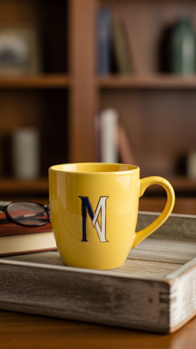 Personalized monogram yellow mug on distressed wooden tray with leather journal and reading glasses