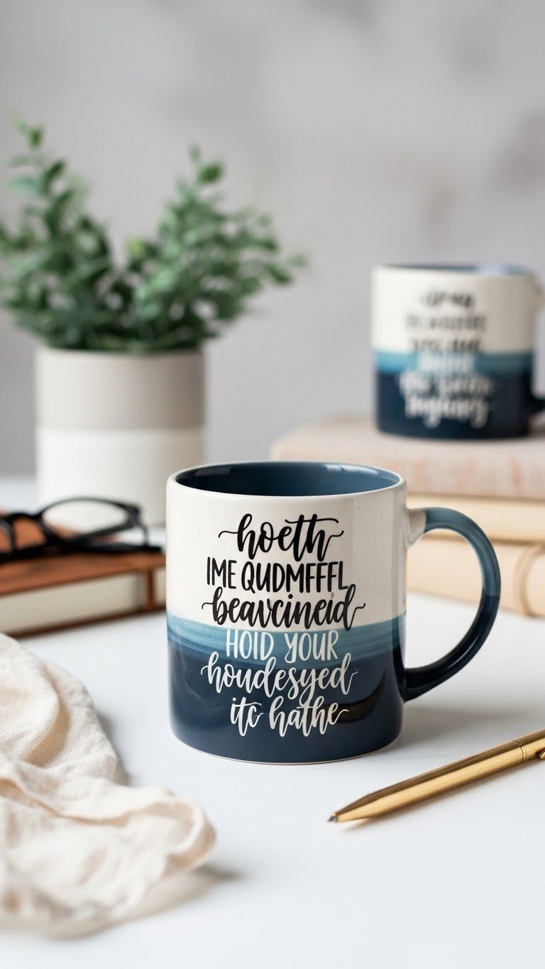 Personalized painted mug with artful typography on white tabletop using macro lens