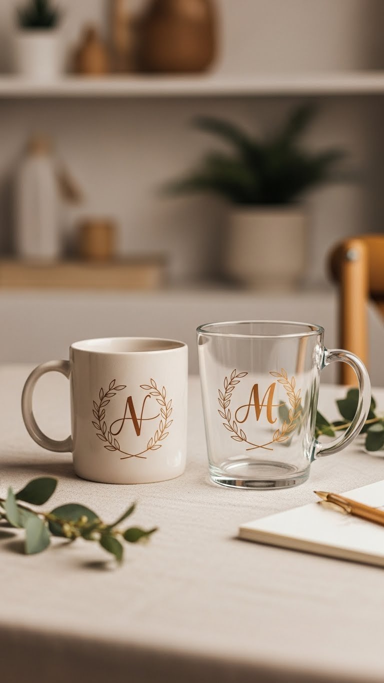 Personalized painted mugs with monogrammed initials and leaf motifs on a linen tablecloth in soft natural window light