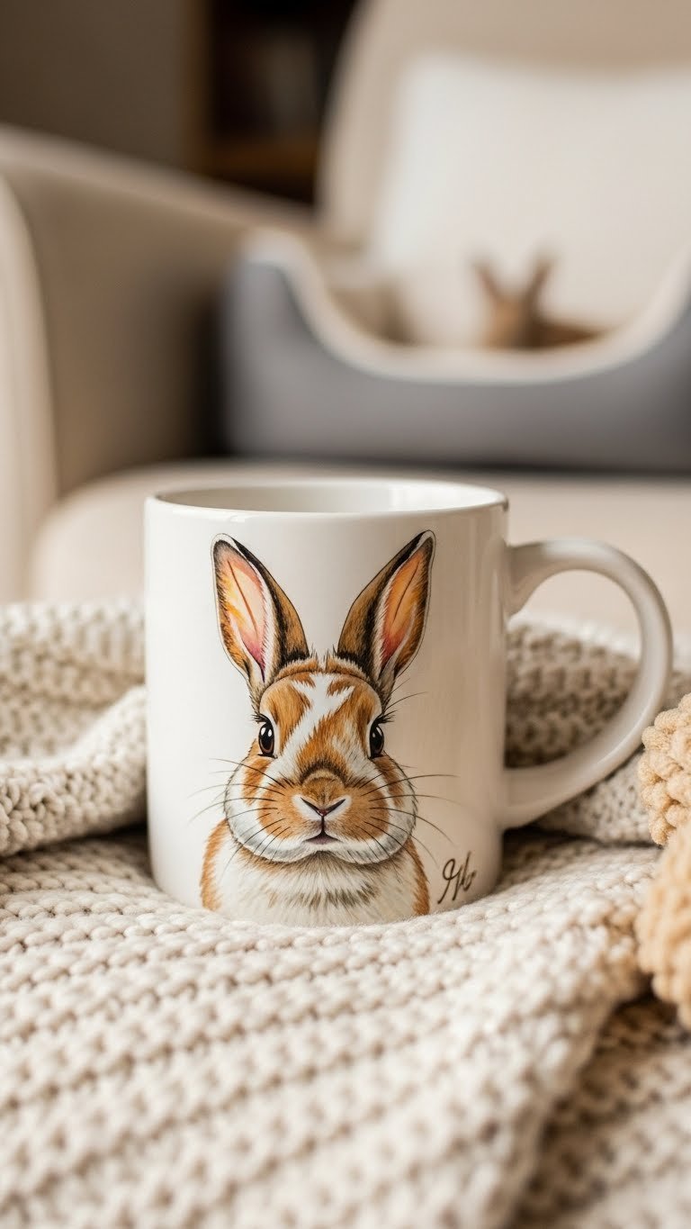 Personalized pet rabbit portrait painted ceramic mug on cozy blanket-draped armchair with home interior backdrop