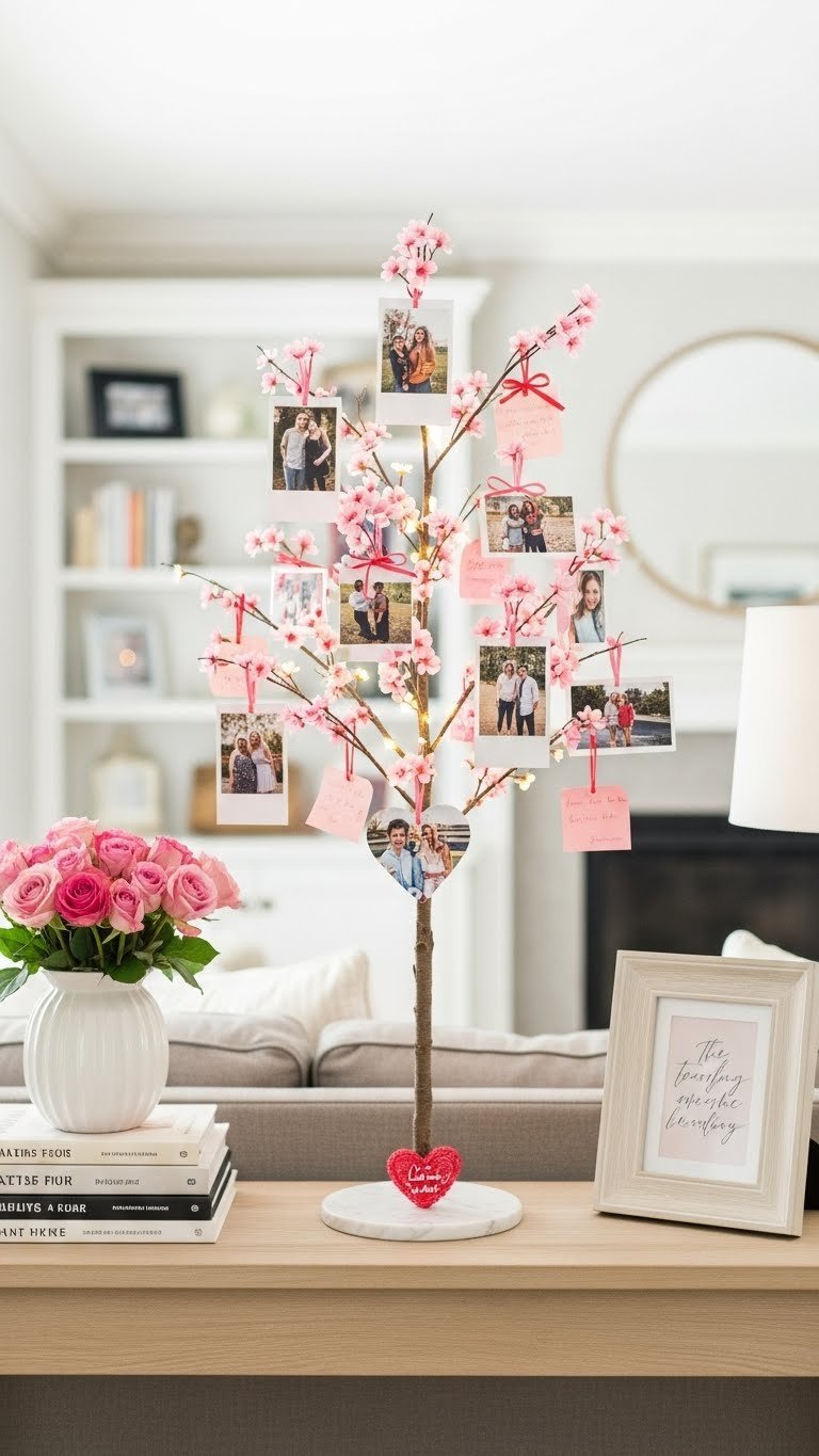 Personalized photo memory Valentine's tree with framed photographs and fairy lights on wooden console