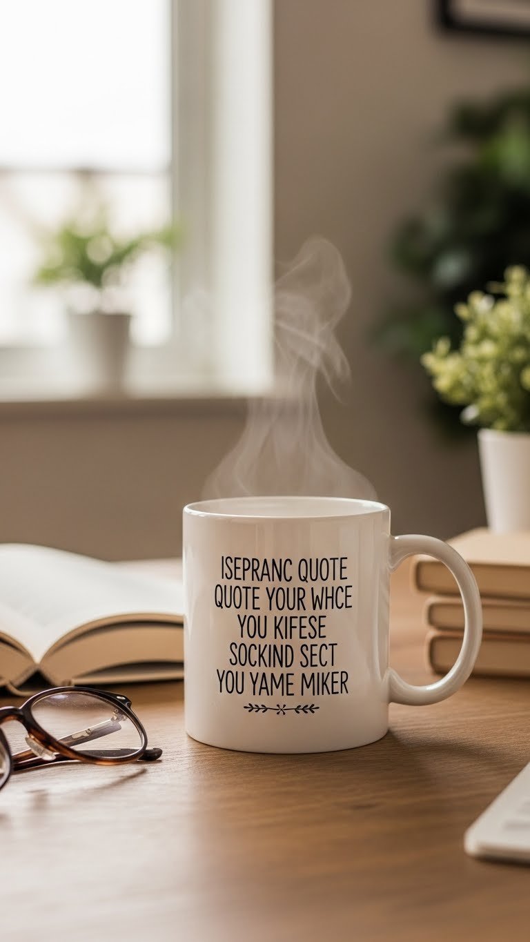 Personalized quote ceramic mug with inspiring hand-painted text on rustic wooden table in cozy home office