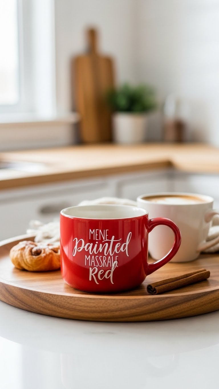 Personalized red painted mug with elegant hand-lettered quotes in white on wooden tray with coffee cup