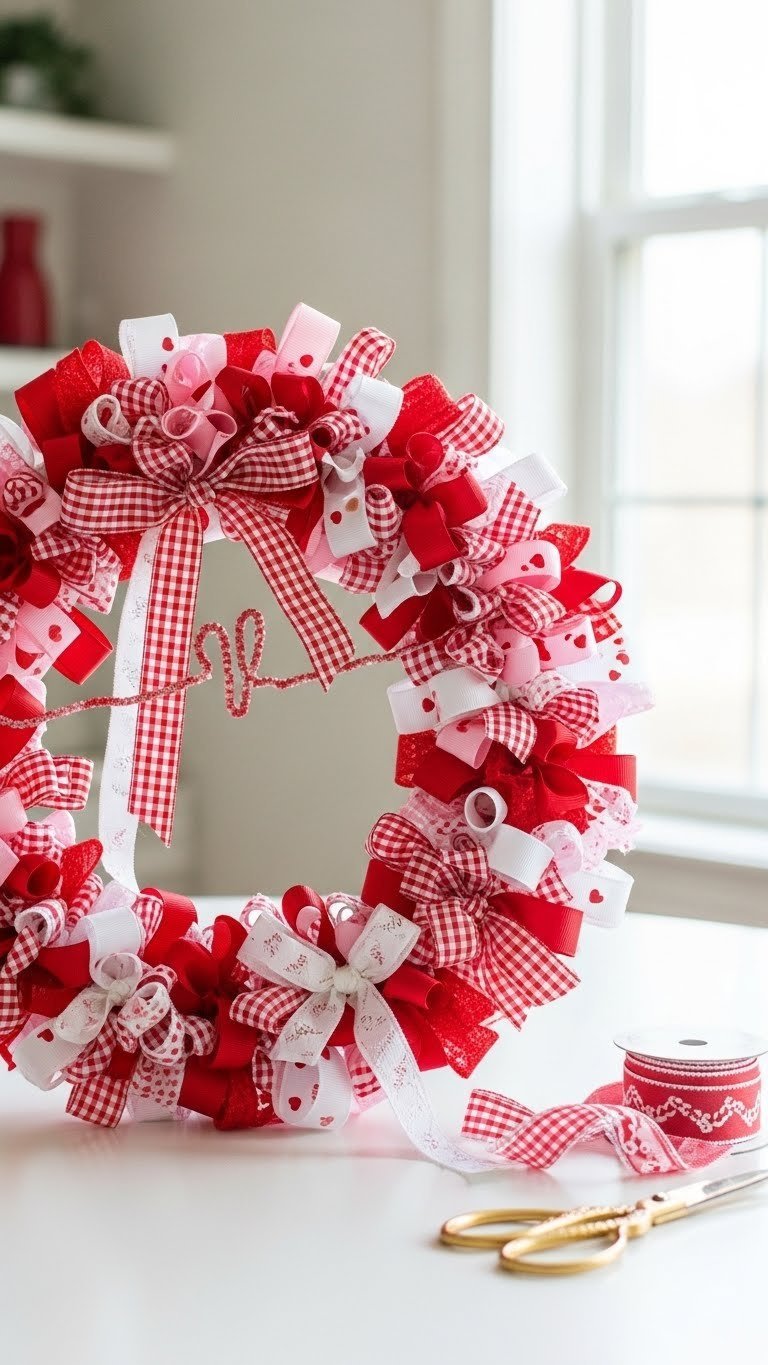 Personalized ribbon Valentine wreath with red, pink, and white satin ribbons on wire form with scissors and spool.