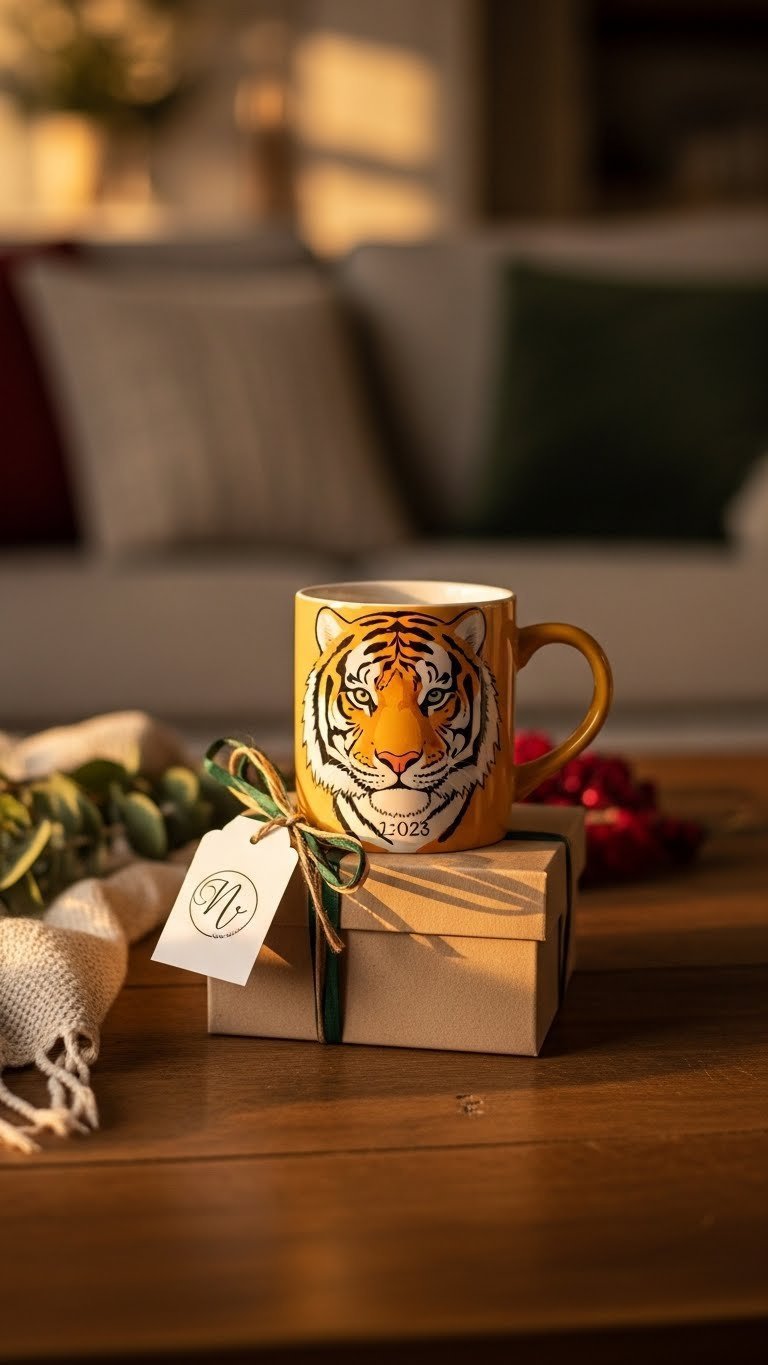 Personalized tiger mug wrapped with ribbon as gift on rustic wooden table with warm golden hour lighting