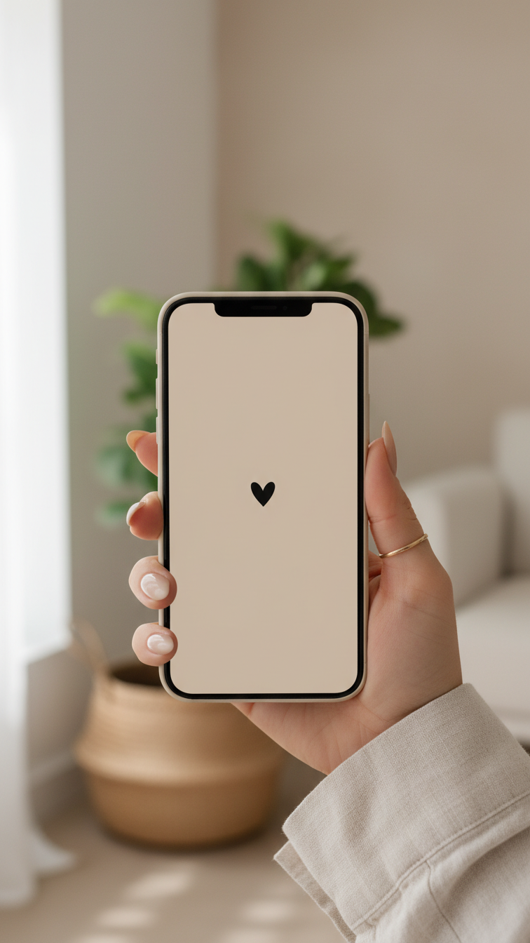 Phone screen showing minimalist black heart wallpaper on beige background held in hand with simple manicure.