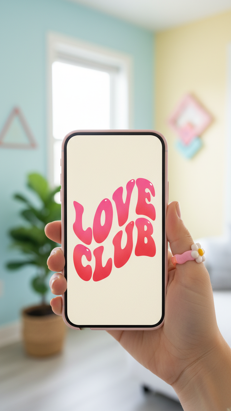 Phone screen showing retro groovy 'Love Club' wavy text wallpaper in pink-red gradient against colorful background.