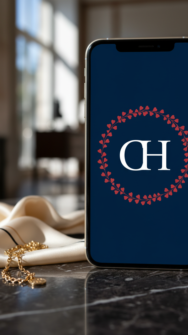 Phone screen showing sophisticated navy blue monogrammed Valentine's wallpaper with white CH initials and red hearts.