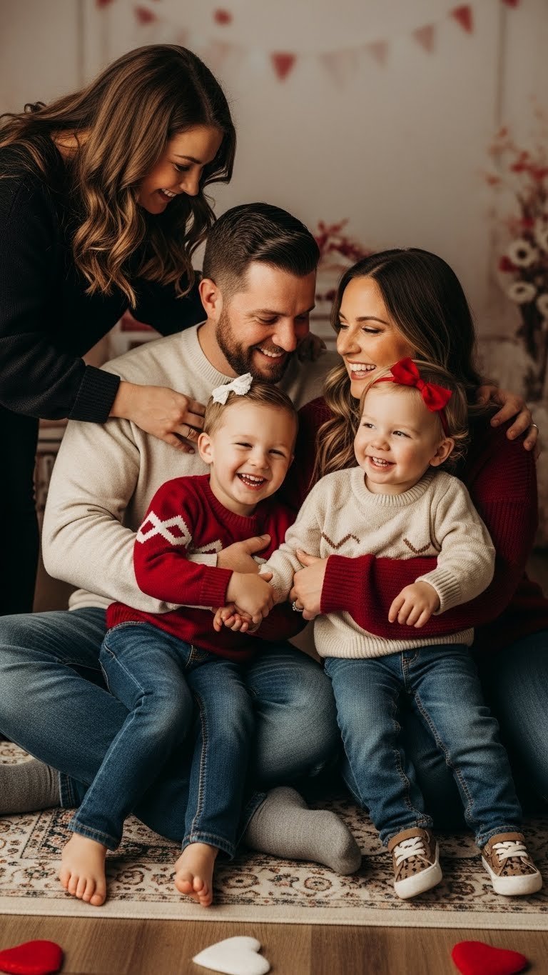 Photographer guiding family into natural loving pose during Valentine's mini session with genuine emotional interaction