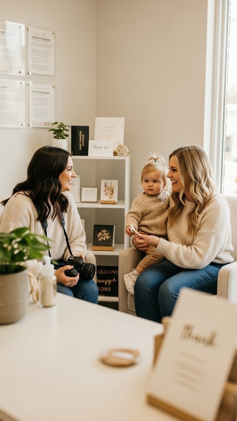 Photographer interacting warmly with happy repeat client and child after successful Valentine's mini session