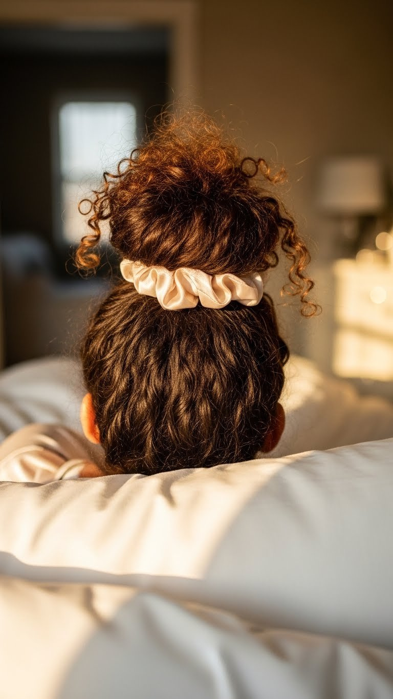 Pineapple method curly hair style gathered loosely at crown with satin scarf for overnight protection.