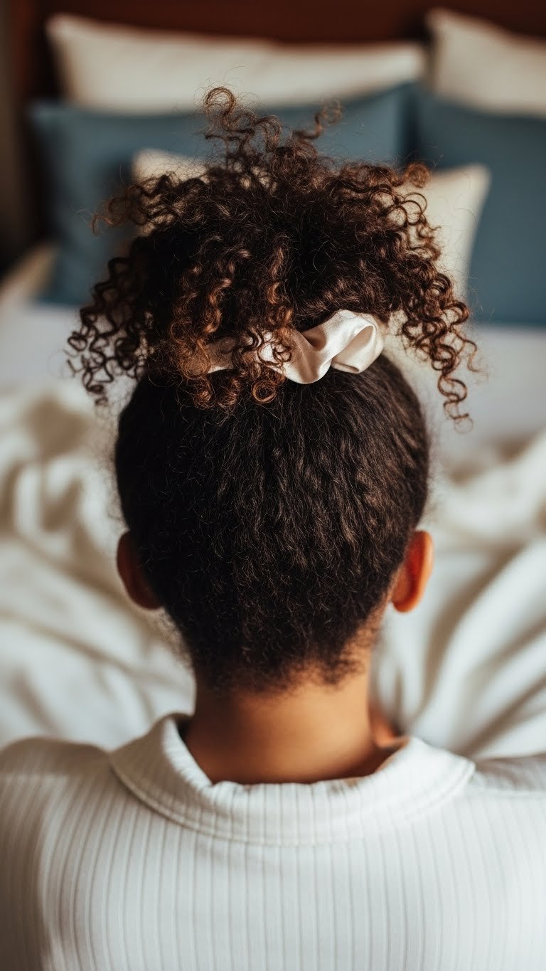 Pineapple protective hairstyle on 4C hair gathered loosely at crown for overnight curl preservation