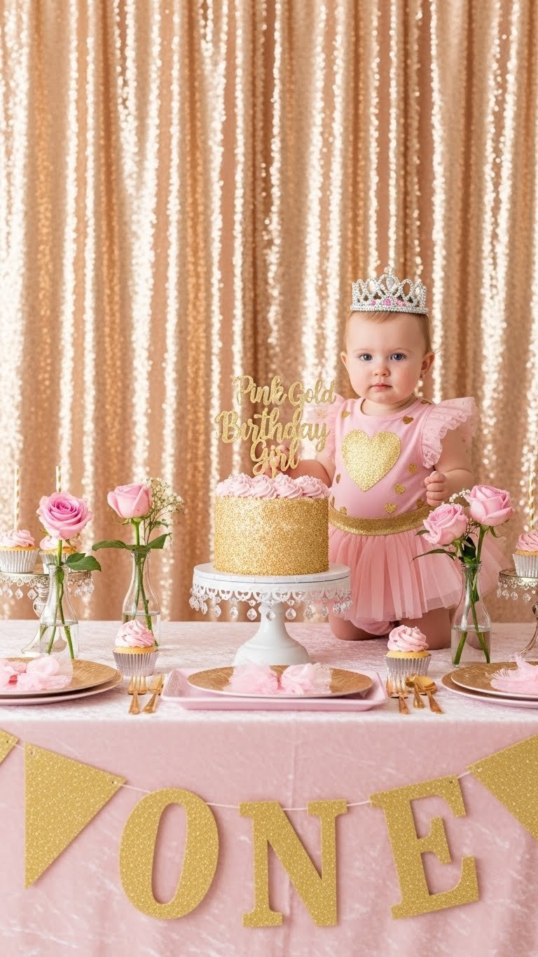 Pink & Gold Glam first birthday scene with elegant baby girl outfit and gold-dusted smash cake on velvet tablecloth