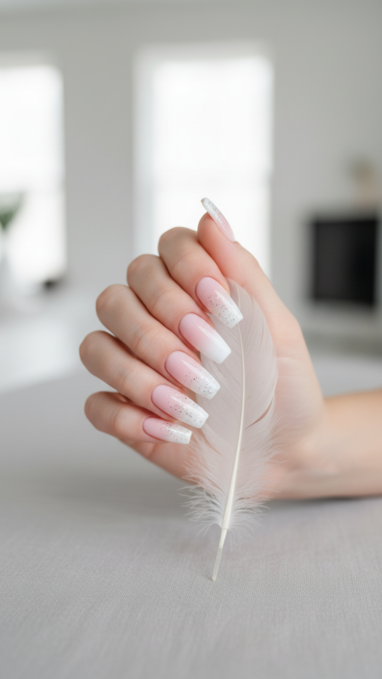 Pink ombre coffin nails with silver holographic glitter holding white feather on light gray linen tablecloth