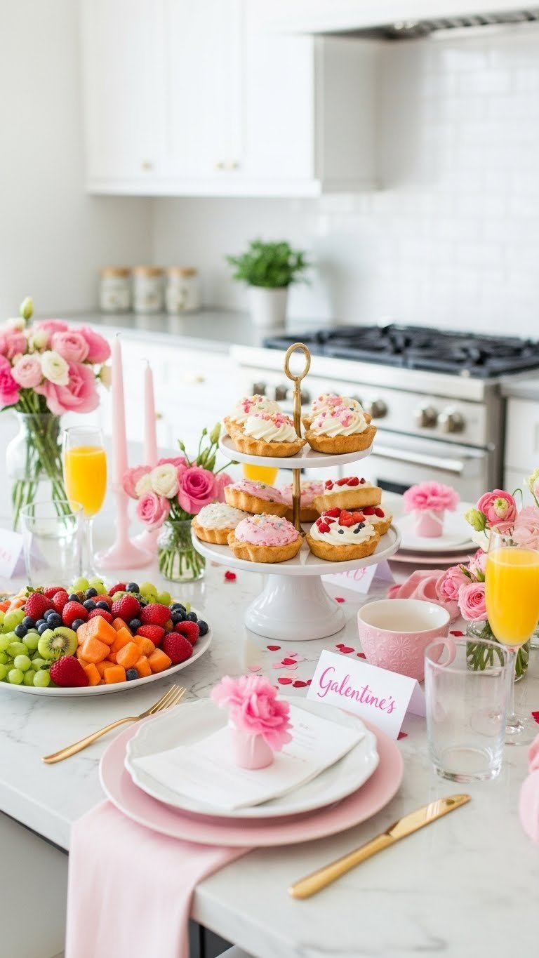 Pink-themed Galentine's Day brunch spread on white marble countertop with fresh roses and elegant glassware