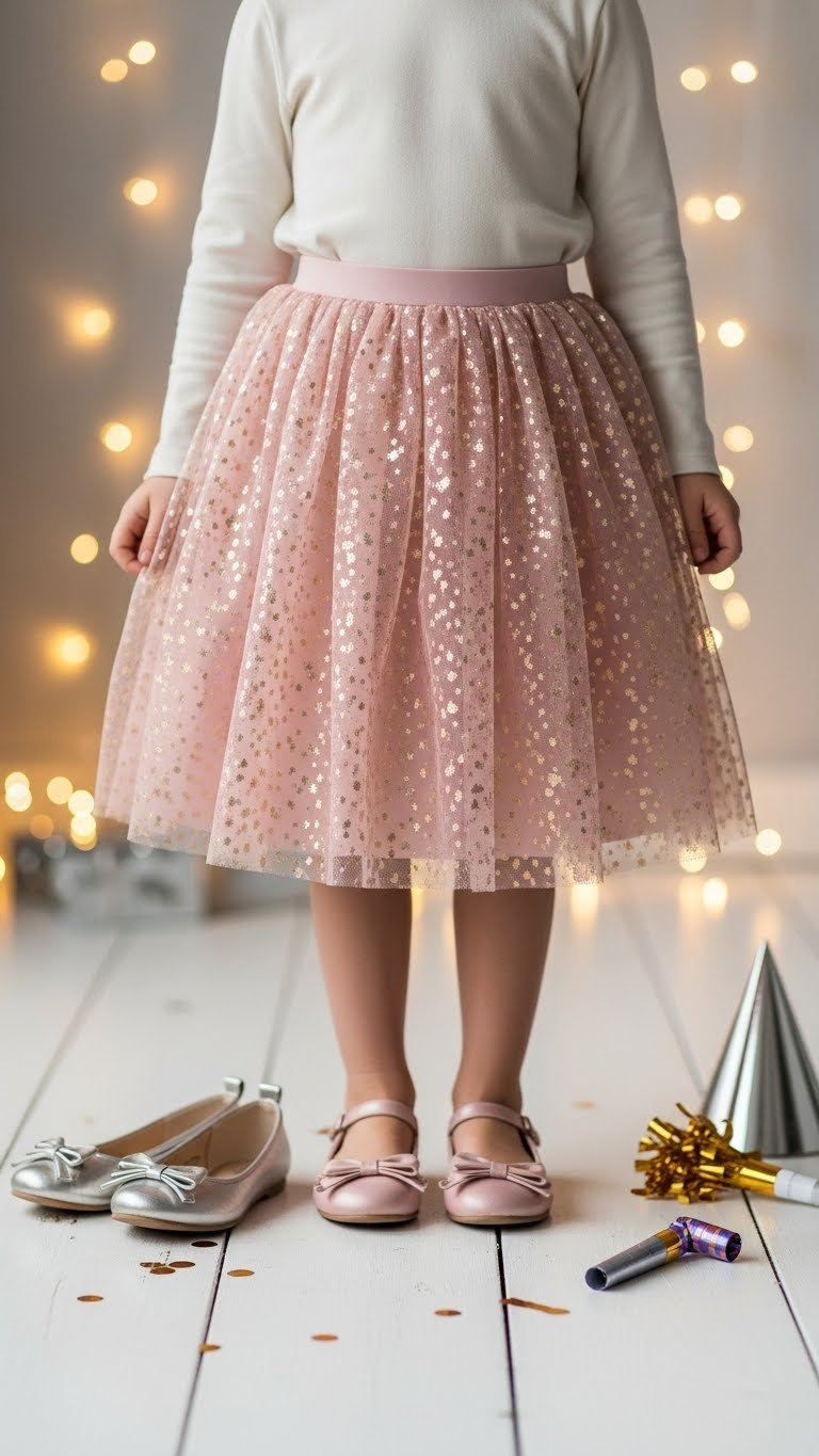 Pink tulle skirt with gold glitter paired with cream top and metallic ballet flats on white floor