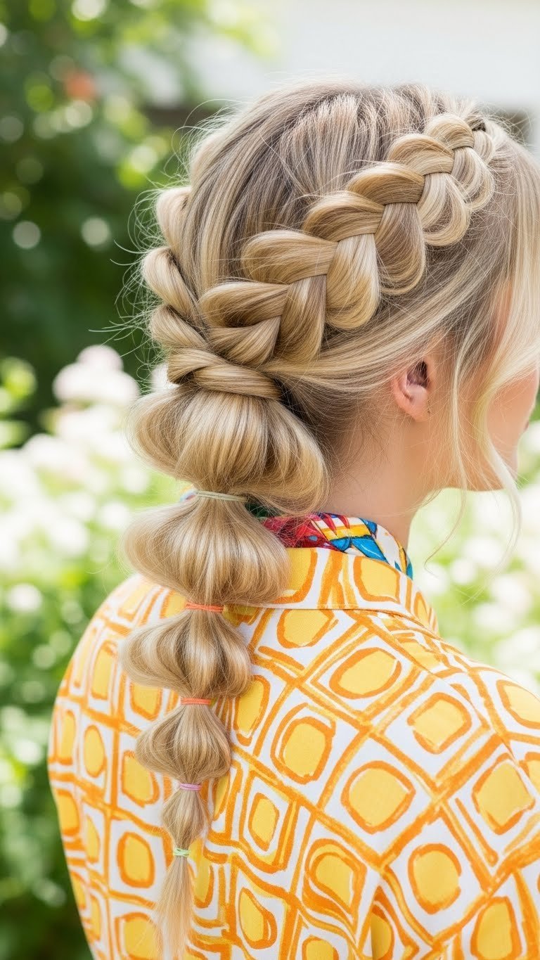 Playful bubble braid hairstyle on voluminous blonde hair with distinct puffed sections and colorful hair accessories