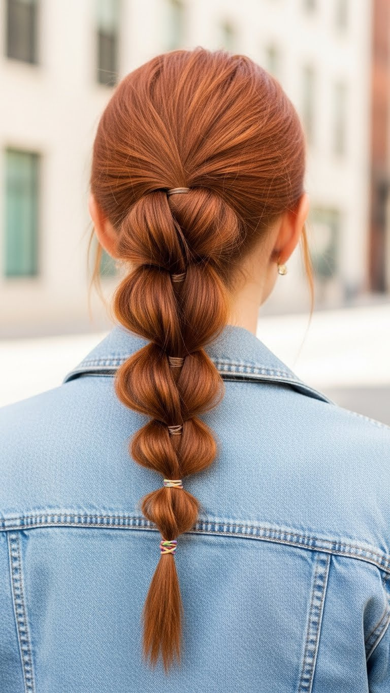 Playful bubble braid hairstyle with red hair transforming oily hair in modern urban setting