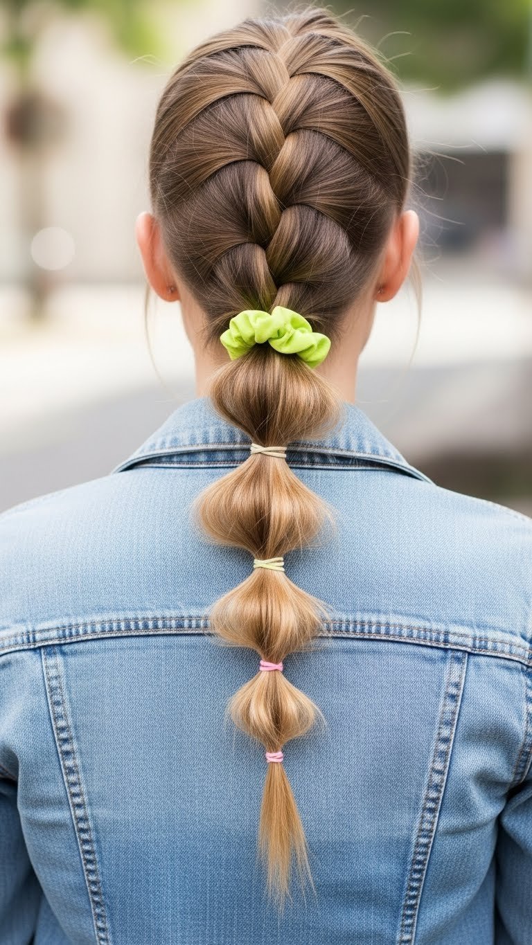 Playful bubble braid on straight hair with voluminous evenly spaced bubbles creating modern 00s hairstyle