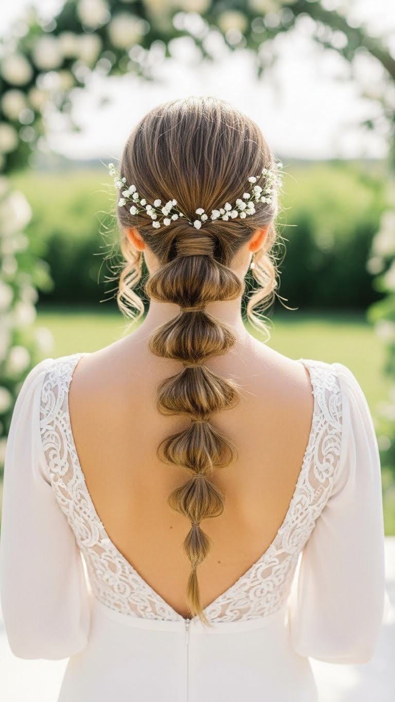Playful bubble braid ponytail hairstyle with floral accessories in outdoor wedding venue setting