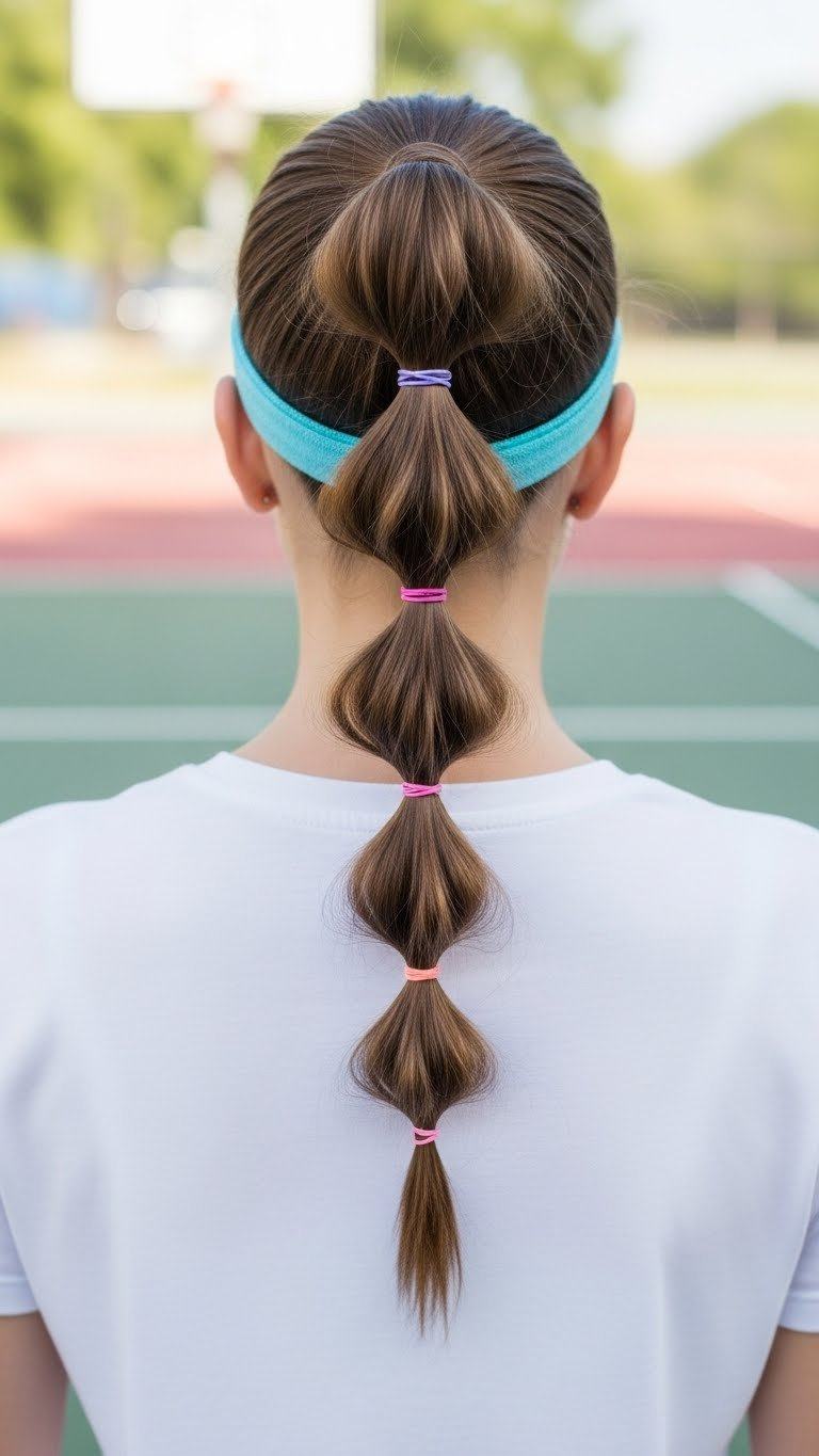 Playful bubble ponytail with evenly spaced elastics on medium length hair in vibrant sports court background