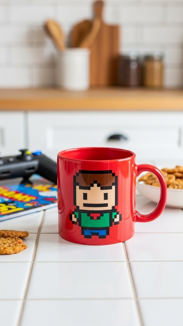 Playful ceramic mug with cartoon character design on white tile surface in vibrant daylight kitchen