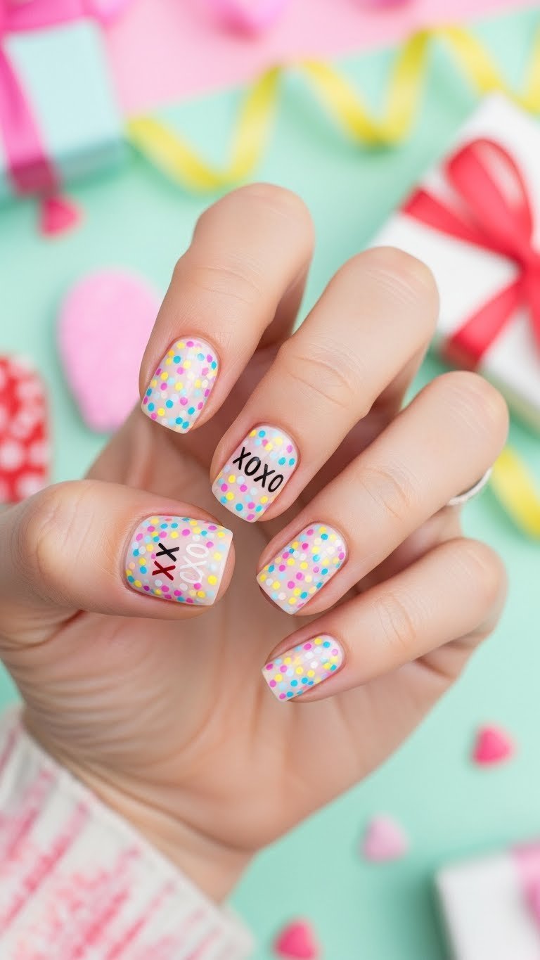 Playful confetti XOXO nails with multi-colored dots and contrasting lettering on pastel surface with party backdrop.