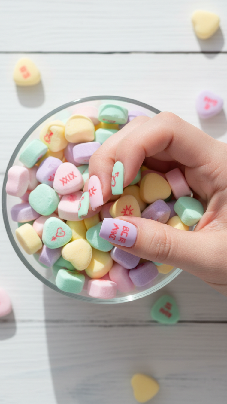 Playful conversation heart square nails with pastel colors and red phrases reaching into candy bowl