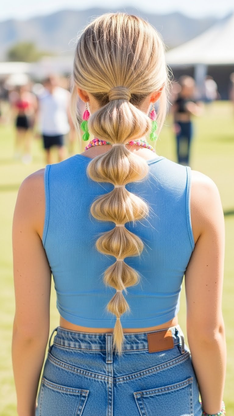 Playful faux bubble braid hairstyle with thick long hair creating whimsical volume against vibrant festival setting