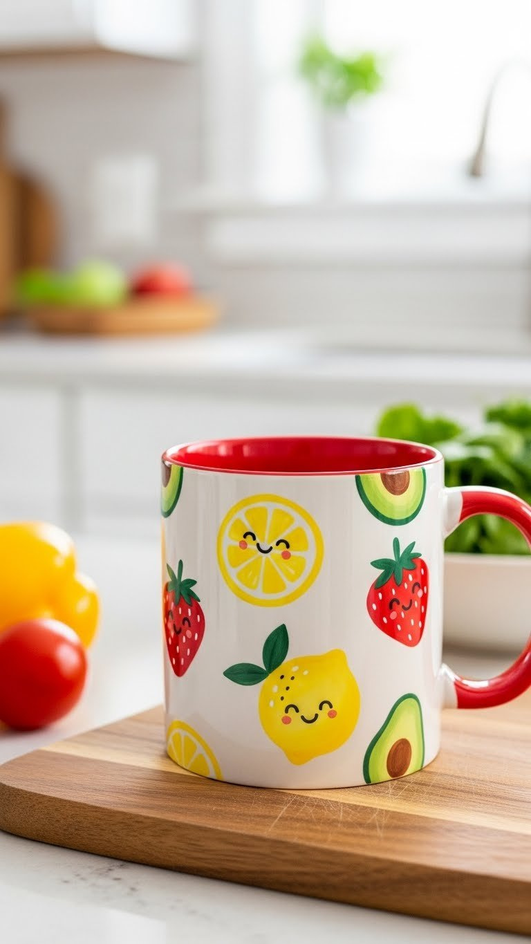 Playful fruit pattern painted mug on wooden cutting board with fresh produce in bright kitchen light