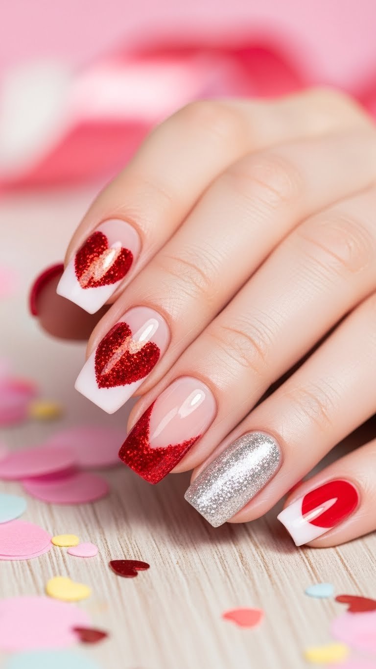 Playful glitter cat eye half-heart nail design on wooden table with festive confetti background