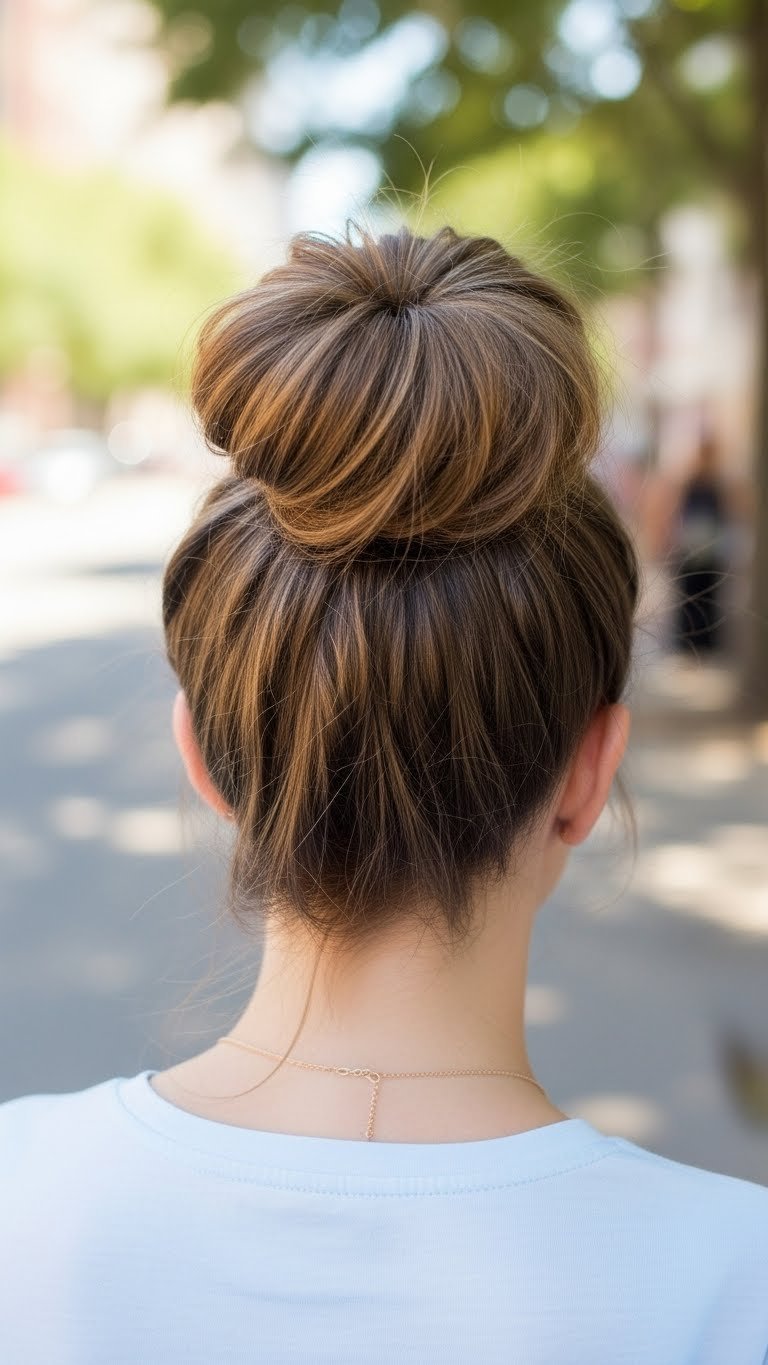 Playful half-up messy bun hairstyle with flowing natural hair below, perfect for everyday casual style