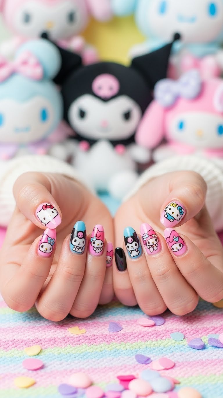 Playful mix-and-match Sanrio character nails featuring Hello Kitty and friends in Valentine's Day theme with colorful palette.