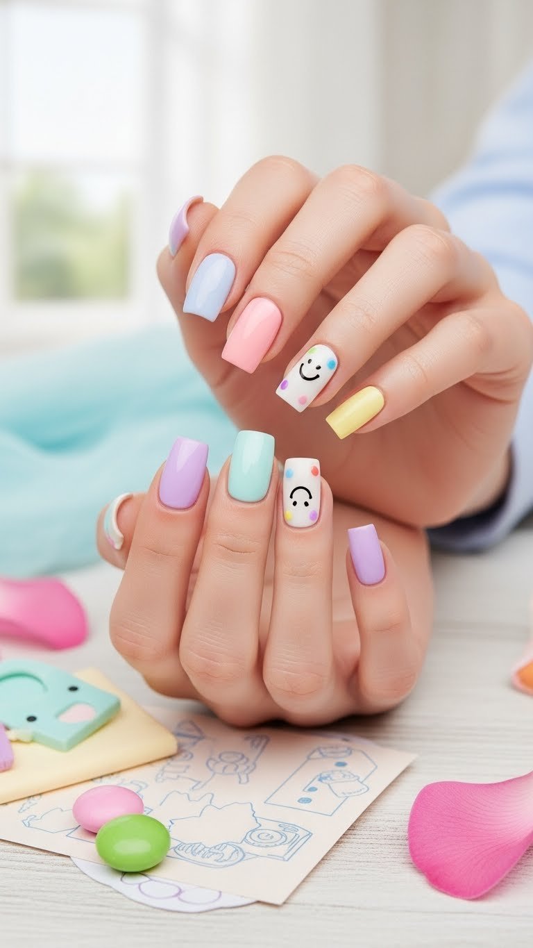 Playful multi-color pastel square nails with whimsical dot designs on light wooden surface