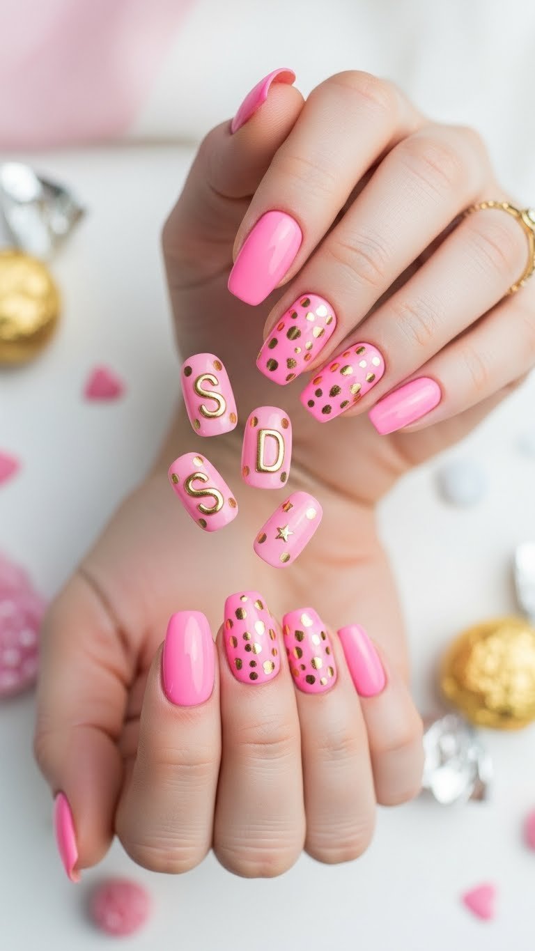 Playful pink and gold floating initials nails with scattered metallic designs