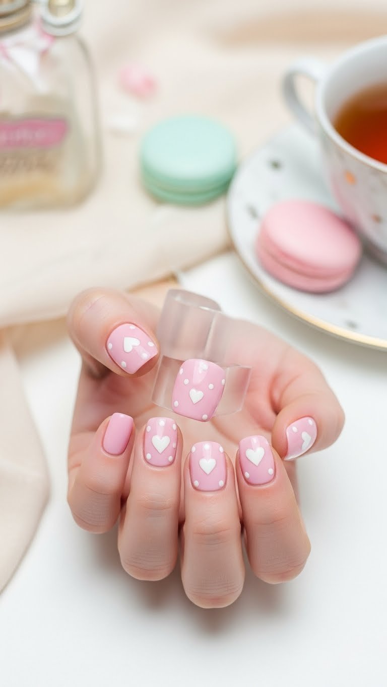 Playful pink polka dot nails with white heart-shaped patterns on pastel background for cute aesthetic