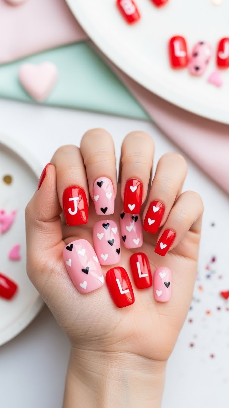 Playful press-on initials with hearts nails in candy apple red and white designs