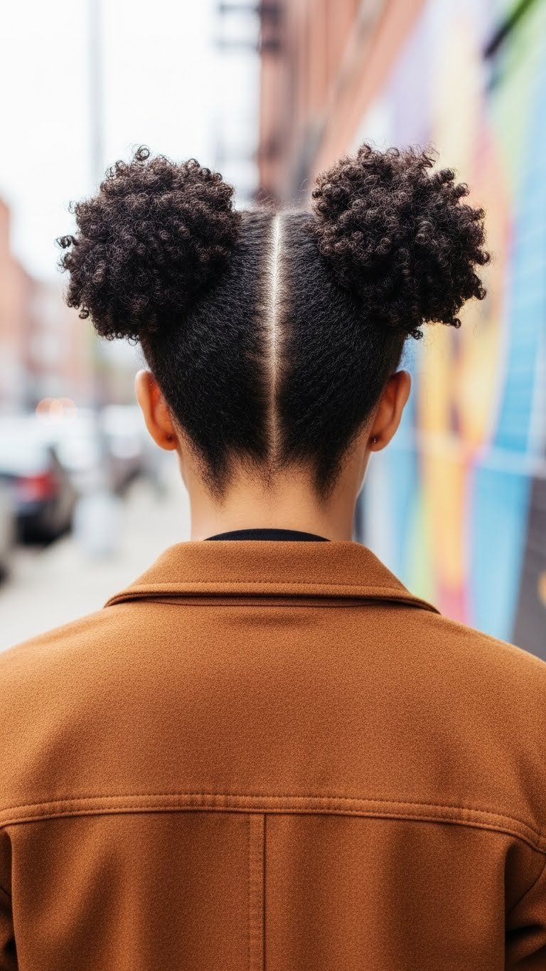 Playful space buns hairstyle on 4C hair with symmetrical placement against colorful urban environment