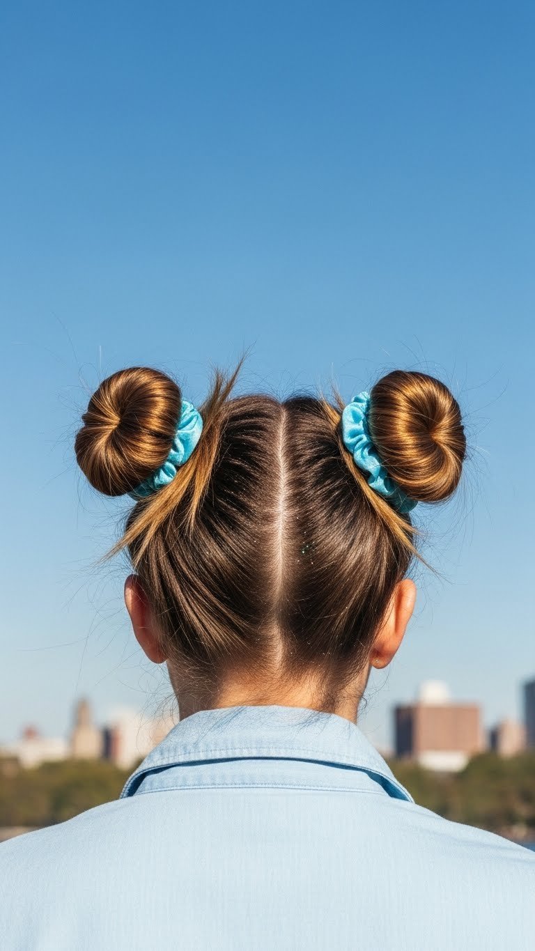 Playful symmetrical space buns positioned high on head with wispy face-framing strands against blue sky backdrop