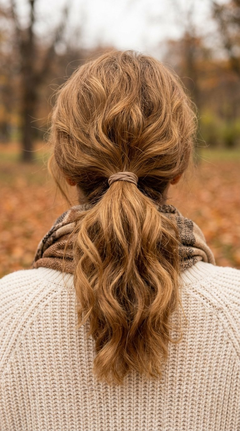 Playful texturized ponytail with natural movement and volume styled for everyday fall hairstyles
