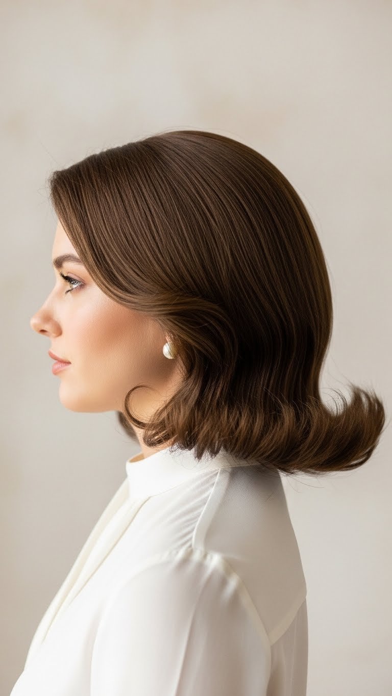 Polished 60s flip hairstyle with dramatically curled outward ends and glossy finish styled against soft natural window light.